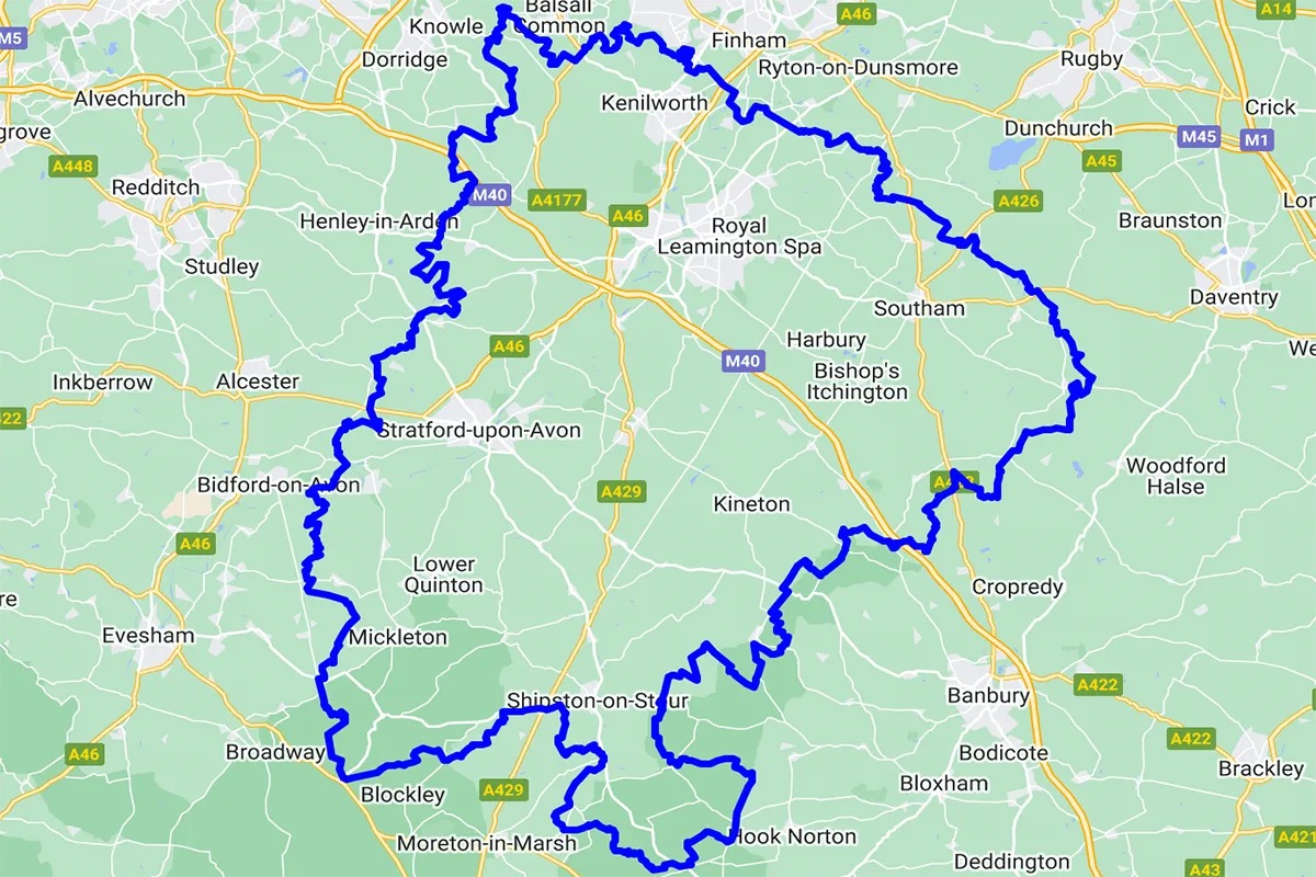Map showing the local service area around Leamington Spa, Warwick, Stratford-upon-Avon, Kenilworth and Southam